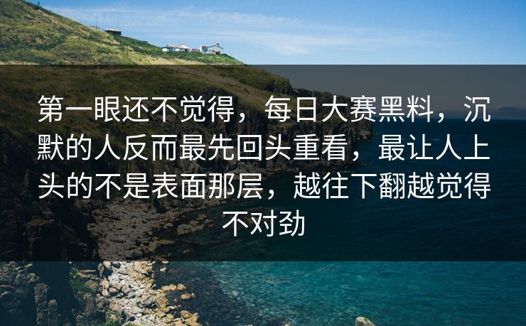 第一眼还不觉得，每日大赛黑料，沉默的人反而最先回头重看，最让人上头的不是表面那层，越往下翻越觉得不对劲